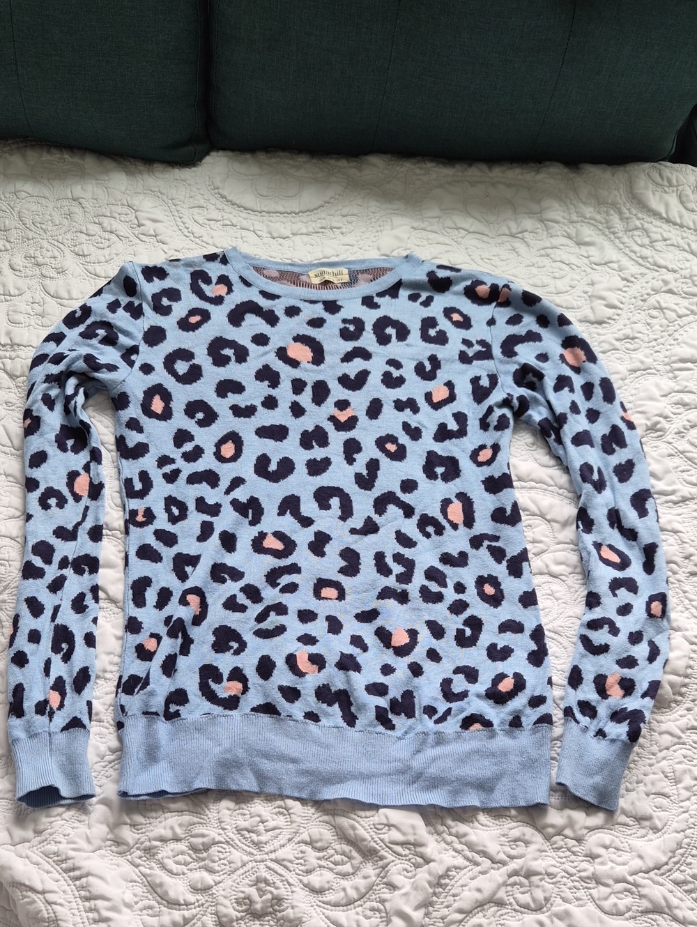 Women's Light Blue Leopard Crewneck Sweater with Pink Accents